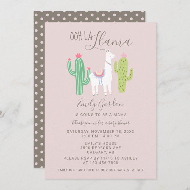Invitation Ooh La Llama Baby shower mignon rose et brun simpl (Devant / Derrière)