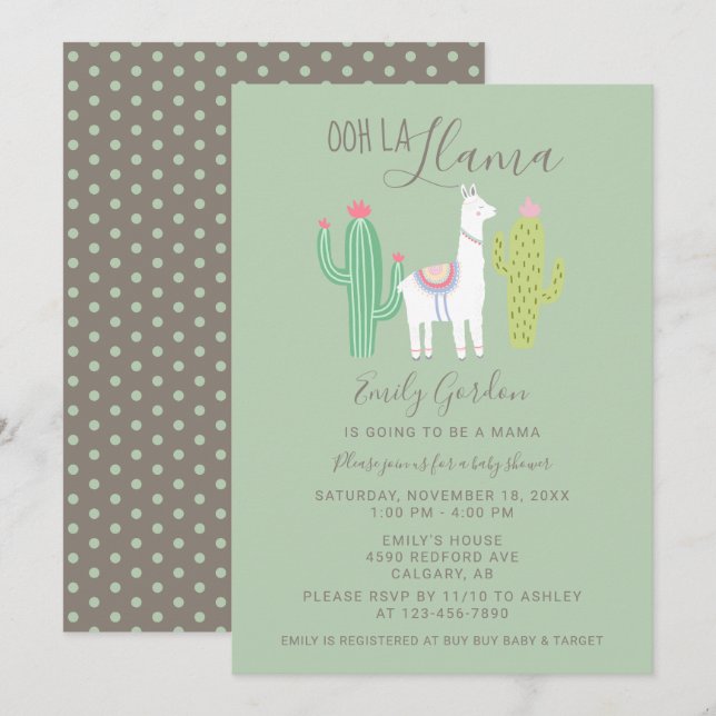 Invitation Ooh La Llama Baby shower mignon turquoise & brun s (Devant / Derrière)