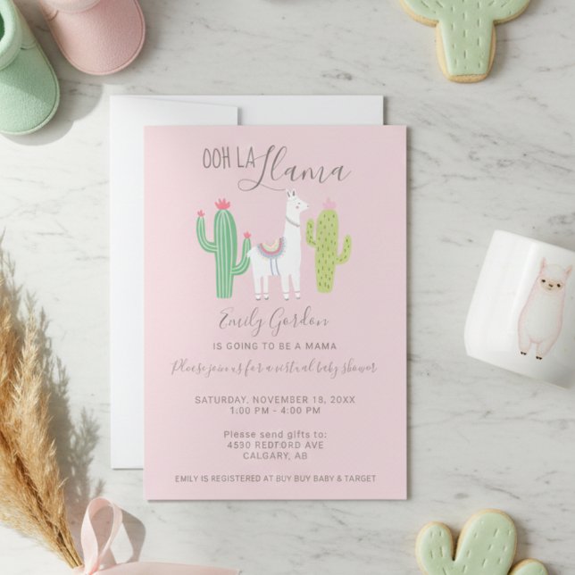 Invitation Ooh La Llama Baby shower virtuel mignon rose brun (Créateur téléchargé)