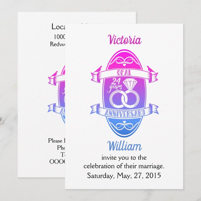 Invitation Opale traditionnelle de 24 ans 24e anniversaire de (Devant / Derrière)