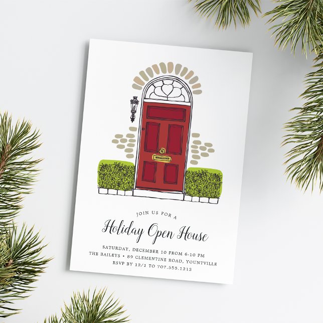 Invitation Open House de Red Door (A festive holiday party invitation in classic shades of red and green.)