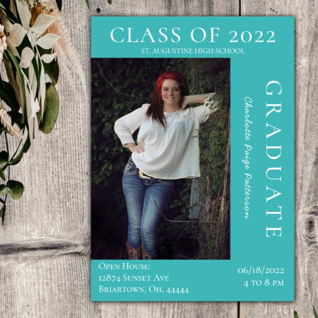 Invitation Open House - Graduation Photo Moderne | TURQUOISE (Teal Modern Photo Graduation Open House Invitation)