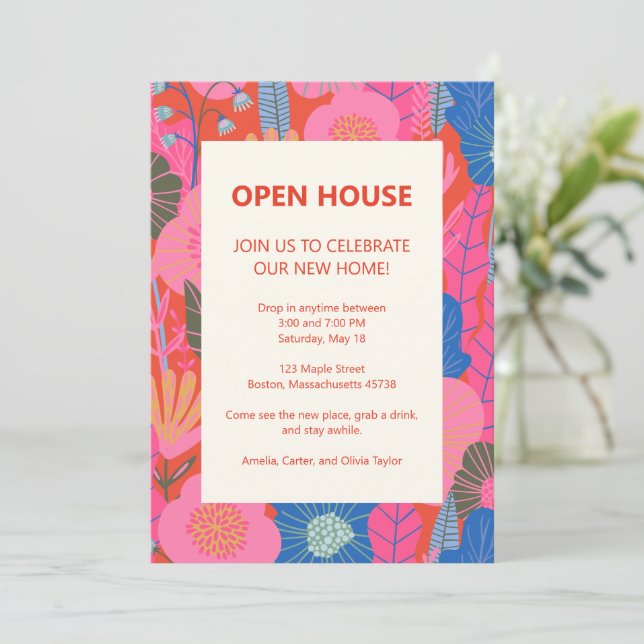 Invitation Open House Tropical Floral Pink Red Housewarming (Debout devant)