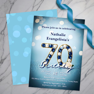 Invitation Opulent Bijoux et perles Bleus Chic 70e anniversai