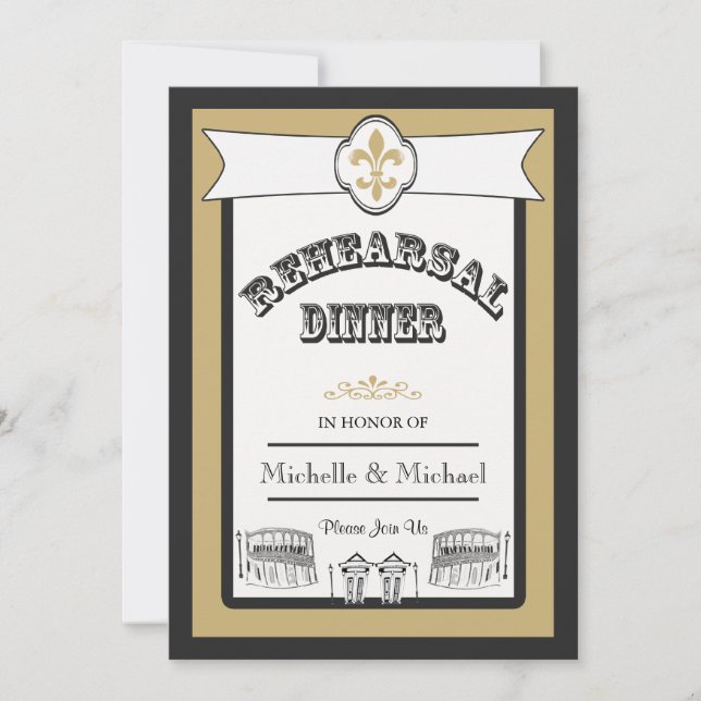 Invitation Or 1 de noir de dîner de répétition de mariage de (Devant)