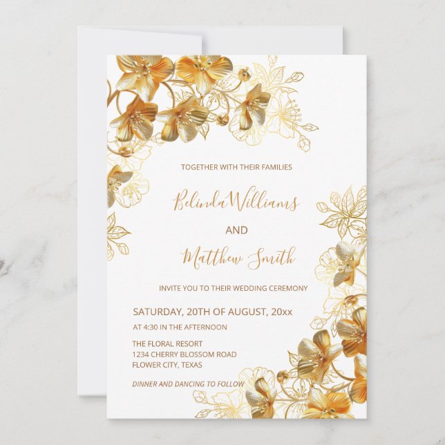 Invitation Or 3 D Fleurs Blanc (Devant)