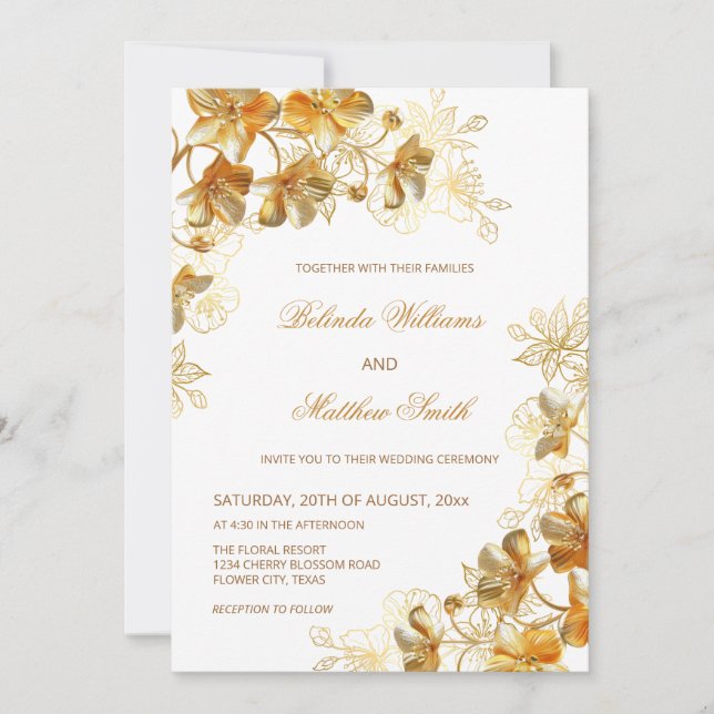 Invitation Or 3 D Fleurs Blanc (Devant)
