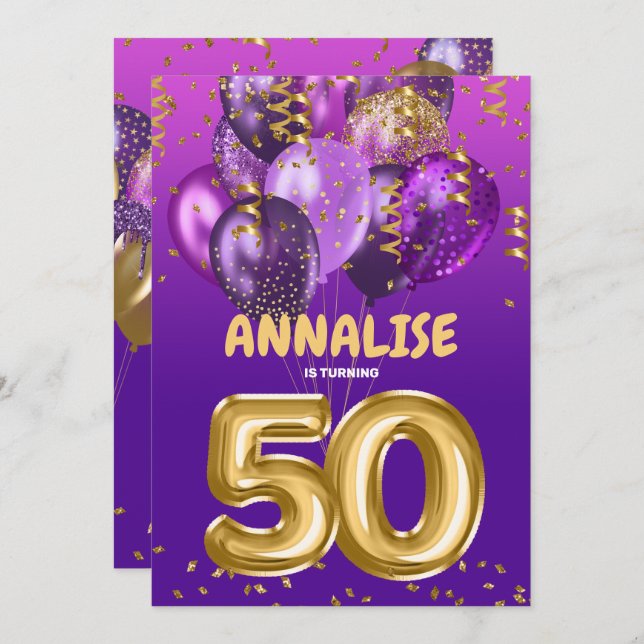 Invitation Or 50 ans Confetti Purple 50e anniversaire (Devant / Derrière)