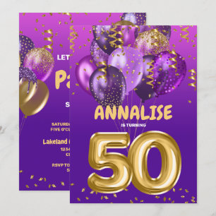 Invitation Or 50 ans Confetti Purple 50e anniversaire