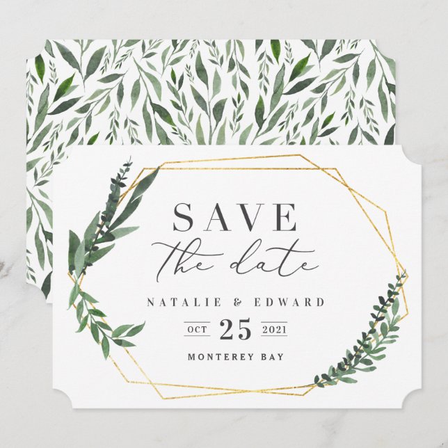 Invitation or aquarelle géométrique verdure (Devant / Derrière)