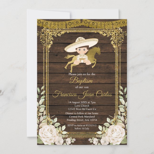 Invitation Or Avec Roses Blanches Fiesta Garçon Baptême (Devant)