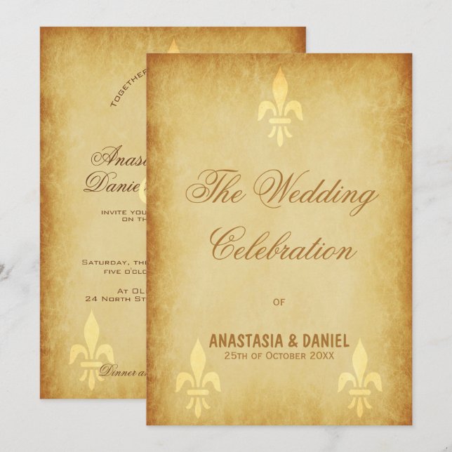 Invitation Or beige de luxe fleur de lis de style français (Devant / Derrière)