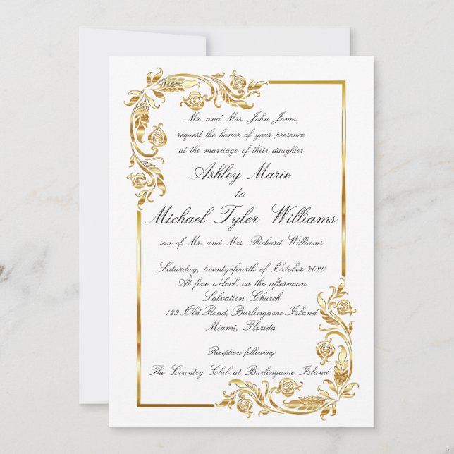 Invitation Or Blanc Élégant Glamour Mariage officiel (Devant)