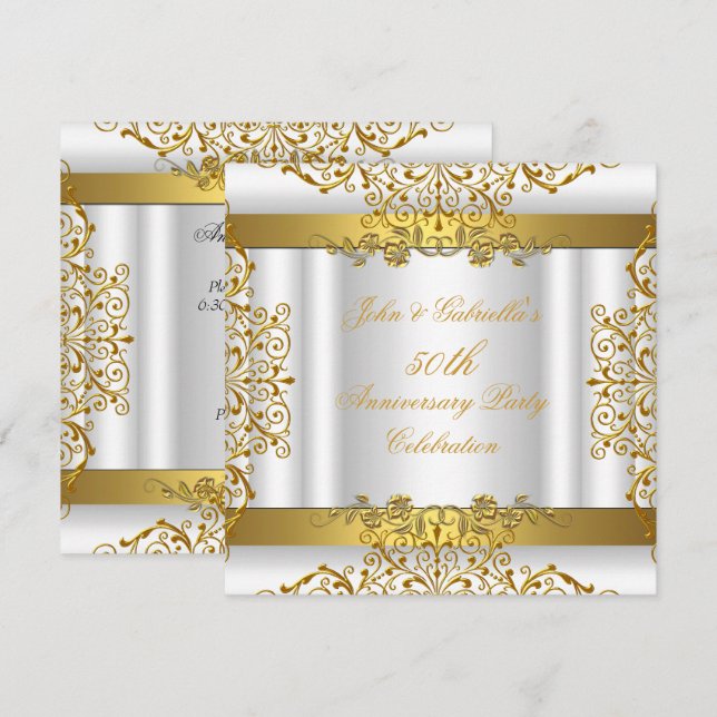 Invitation Or blanc Elegant Gold 50e anniversaire Mariage (Devant / Derrière)