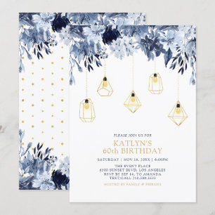 Invitation Or & Bleu Lumières, Fête d'anniversaire adulte f