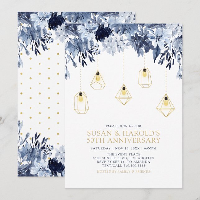 Invitation Or & Bleu | Lumières, Fête de Mariage Anniversaire (Devant / Derrière)