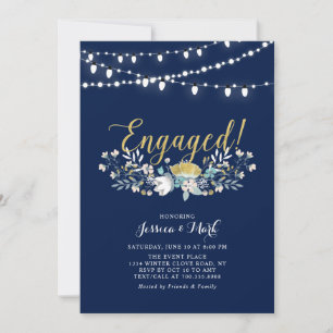 Invitation Or & Bleu marine   Fête de fiançailles Boho Floral