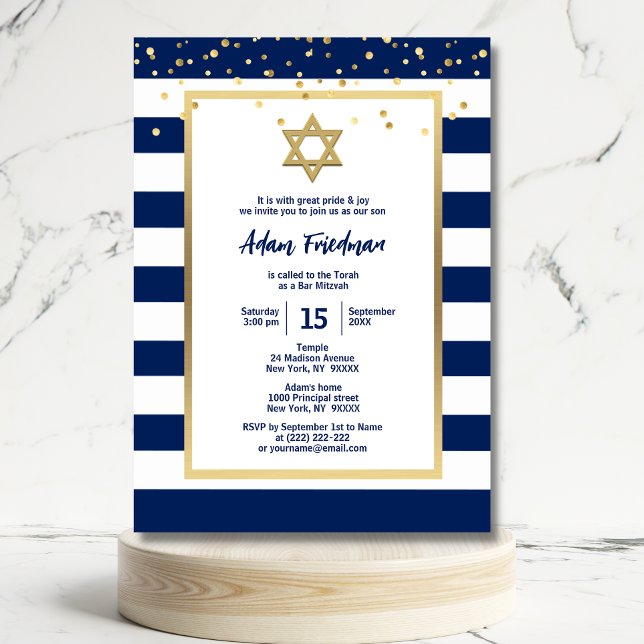 Invitation Or Bleu Nuit Rayures & Étoile de David | Bar Mitzv (Créateur téléchargé)
