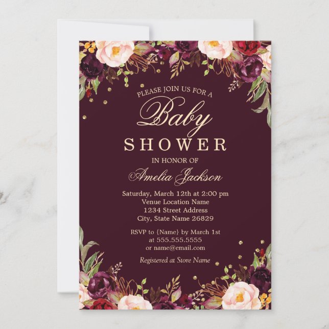 Invitation Or Bourgogne Élégant Baby shower Floral (Devant)
