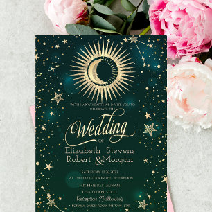 Invitation Or Céleste Soleil Et Lune Étoiles Mariage Vert