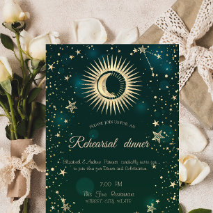 Invitation Or Céleste Soleil Et Lune Étoiles Vert