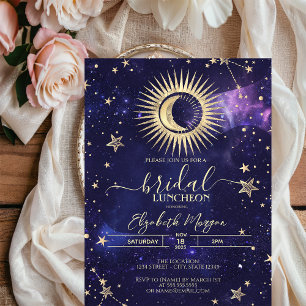 Invitation Or céleste Soleil, Lune, Etoiles Aquarelle violet