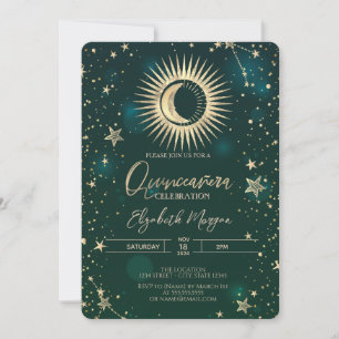 Invitation Or Céleste Soleil Lune Étoiles Quinceanera