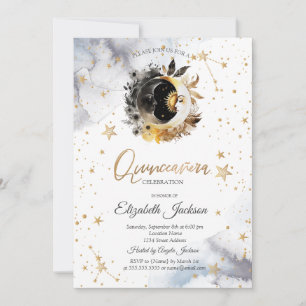 Invitation Or céleste Soleil, Lune, Étoiles Quinceanera Fleur