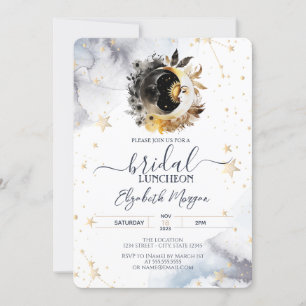 Invitation Or Céleste Soleil, Lune, Fleurs Luncheon de Mariée