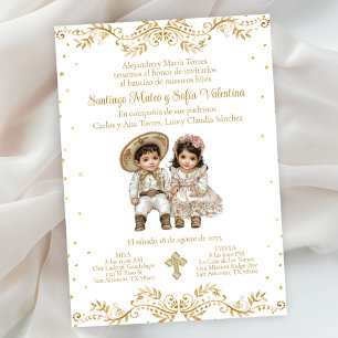 Invitation Or Charro et Charra Twin Baptême Espagnol