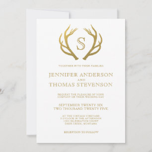 INVITATION OR CHIC  MONOGRAMME MARIAGE DE CERFS RUSTIQUES