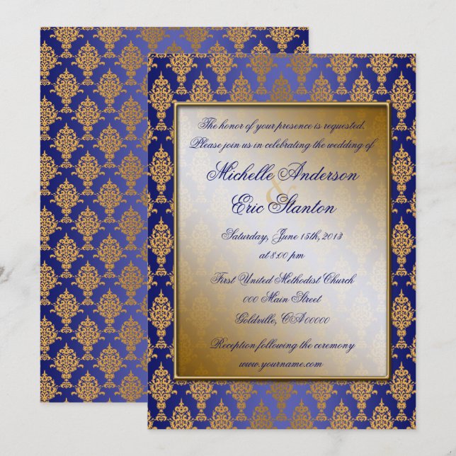 Invitation Or de damassé sur l'éclat de bleu royal (Devant / Derrière)