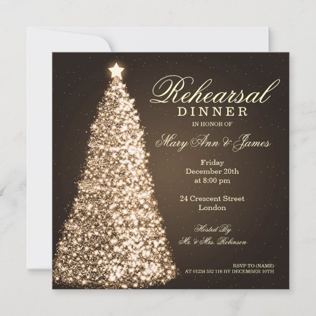 Invitation Or de dîner de répétition de mariage de Noël (Devant)