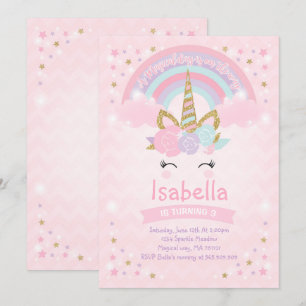 Invitation Or de rose d'invitation d'anniversaire de licorne