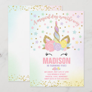 Invitation Or de rose d'invitation d'anniversaire de licorne