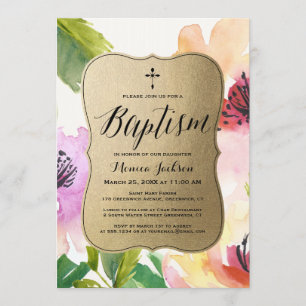 Invitation Or des fleurs élégantes Baptême