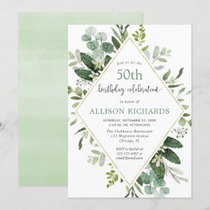 Invitation Or d'eucalyptus toute fête d'anniversaire adulte