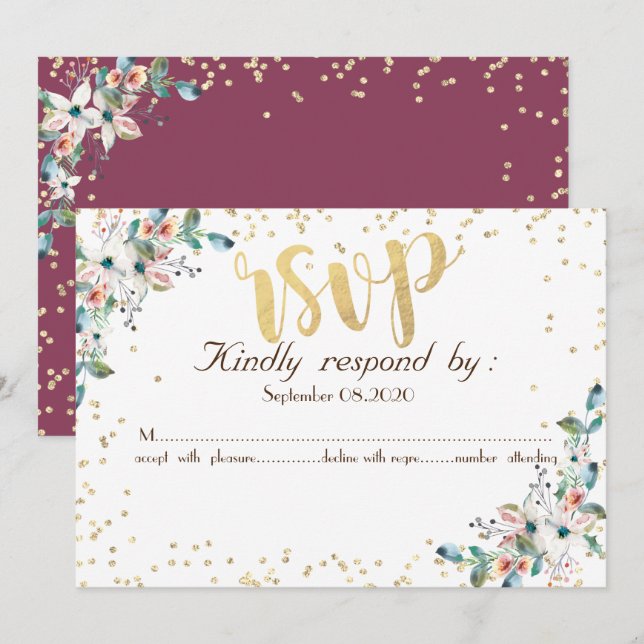 Invitation Or Diamants Bourgogne Fleurs  RSVP (Devant / Derrière)