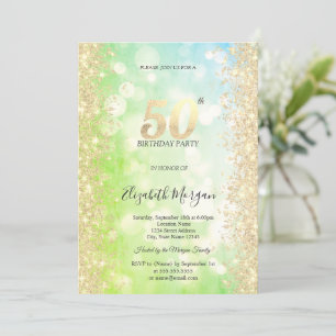 Invitation Or Diamants Vert Bleu Bokeh 50e Anniversaire