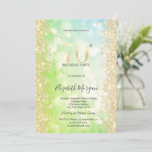 Invitation Or Diamants Vert Bleu Bokeh 70e Anniversaire