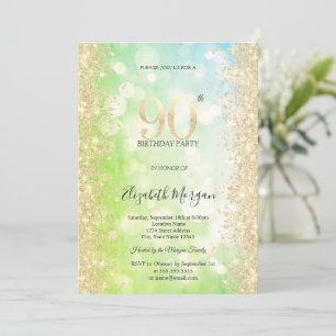 Invitation Or Diamants Vert Bleu Bokeh 90e Anniversaire