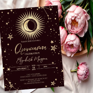 Invitation Or doré céleste Lune Étoiles Quinceanera foncé