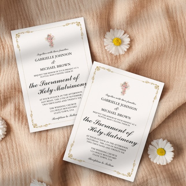 Invitation Or Élégant Bordure Nuptial Messe Blanc (Créateur téléchargé)