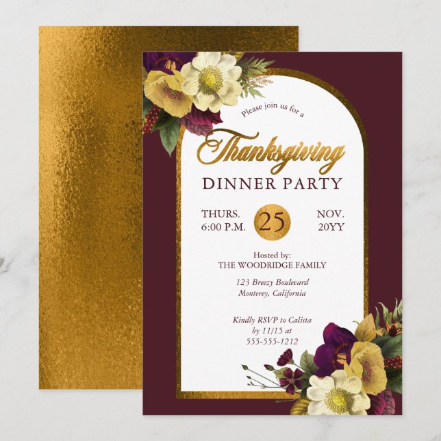 Invitation Or élégant | Bourgogne Floral Thanksgiving (Devant / Derrière)