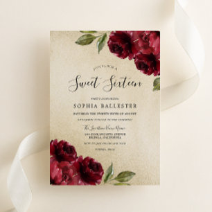 Invitation Or Elégant Bourgogne Rouge Fleurs Douce 16