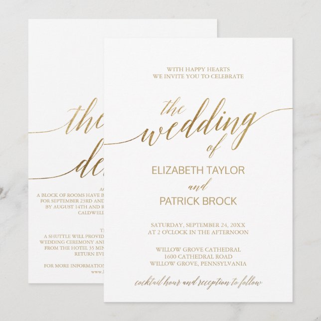 Invitation Or élégant | Cocktail Heure et détails Mariage (Devant / Derrière)