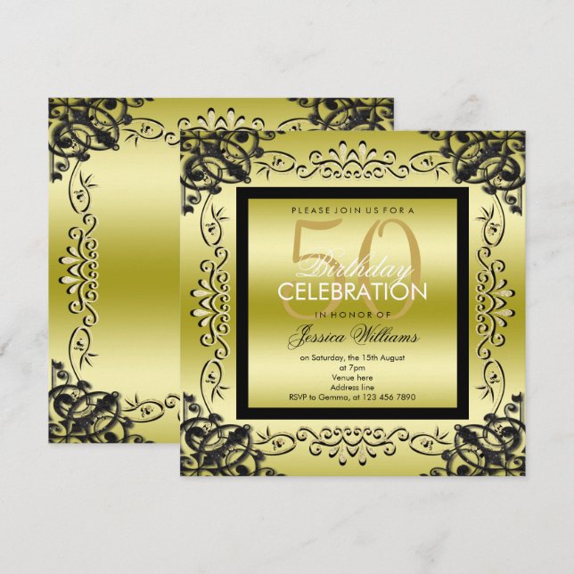 Invitation Or élégant et anniversaire des femmes de couleur (Devant / Derrière)