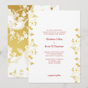 Invitation Or élégant et fleurs de cerisier blanches Oriental