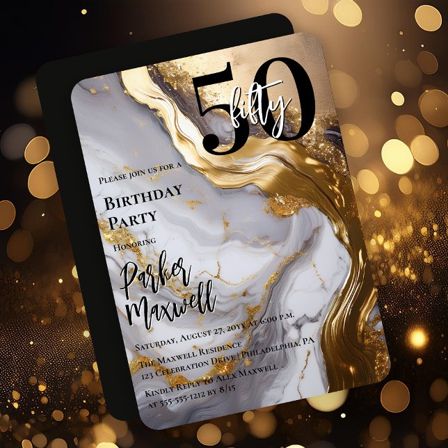 Invitation Or élégant | Marbre blanc Moderne 50 Anniversaire (Sleek Faux Gold and White Marble Modern "50" 50th Birthday Party Invitation - Print | Digital )