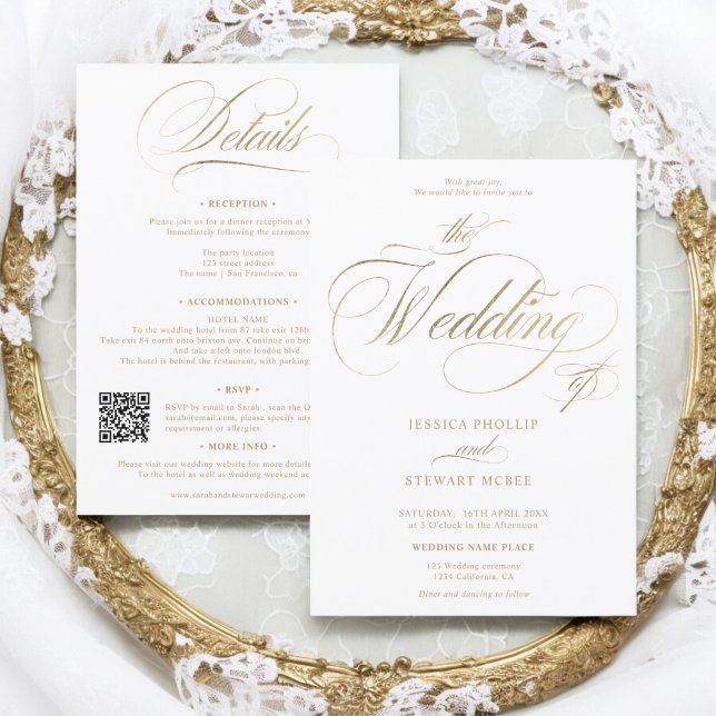 Invitation Or élégant Qr tout en un mariage de calligraphie (Gold elegant Qr all in one calligraphy wedding Invitation)